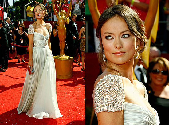 2 Olivia Wilde 39s beige satin and chiffon Reem Acra gown with sleeves made 